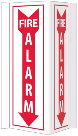 Fire Alarm 3-Way Sign. 16 X 8-3/4 Unique 180° construction design that stands out, visible from 180 degrees