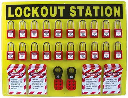 20 Locks, 40 Tags, 4 Hasps, Lockout Stations - Heavy Duty 19 X 24 yellow heavy duty Plexiglass panel.