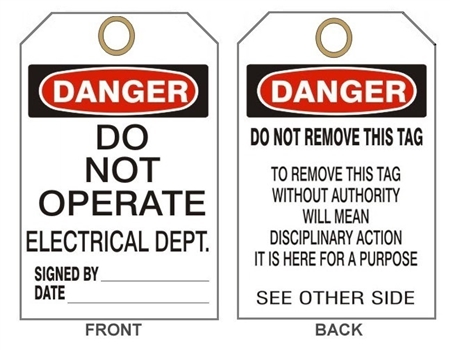 DANGER DO NOT OPERATE ELECTRICAL DEPARTMENT Tags - 6" X 3" Card Stock or Rigid Vinyl