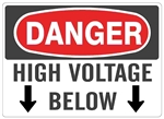 DANGER HIGH VOLTAGE BELOW, Signs - Choose 7 X 10 - 10 X 14, Pressure Sensitive Vinyl, Plastic or Aluminum.