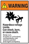 Warning Hazardous Voltage Inside, Can Shock, Burn or Cause Death, Safety Sign - Choose 7 X 10 - 10 X 14, Self Adhesive Vinyl, Plastic or Aluminum.