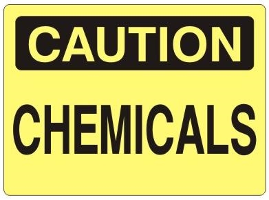 CAUTION CHEMICALS Sign, Choose 7 X 10 - 10 X 14, Self Adhesive Vinyl, Plastic or Aluminum.
