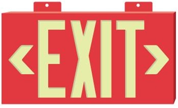 Glo Brite Red Framed EXIT Sign - 7050100B Single Sided with Wall Mount with Bracket and 7052100B Double Sided with Bracket visible at 100 feet.