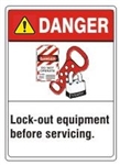 DANGER Lock-out equipment before servicing, ANSI Z535 Safety Sign - Choose 7 X 10 - 10 X 14, Pressure Sensitive Vinyl, Plastic or Aluminum