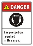 DANGER Ear protection required in this area. ANSI Z535 Safety Sign - Choose 7 X 10 - 10 X 14, Pressure Sensitive Vinyl, Plastic or Aluminum