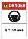 Danger Hard hat area. ANSI Z535 Safety Sign - Choose 7 X 10 - 10 X 14, Pressure Sensitive Vinyl, Plastic or Aluminum
