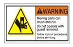 WARNING Moving parts can crush and cut. Do not operate with guard removed. Follow lockout procedures before servicing. ANSI Equipment Safety Label, Choose from 3 Sizes
