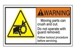 WARNING Moving parts can crush and cut, Do not operate with guard removed, Follow lockout procedures before servicing ANSI Equipment Label, Choose from 3 Sizes