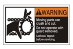 WARNING Moving parts can crush and cut. Do not operate with guard removed. Follow lockout/tagout before servicing. ANSI Equipment Safety Label, Choose from 3 Sizes