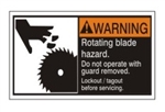WARNING Rotating blade hazard. Do not operate with guard removed. Follow lockout/tagout before servicing. ANSI Equipment Safety Label, Choose from 3 Sizes