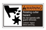 WARNING Rotating cutter hazard, Do not operate with guard removed, Follow lockout/tagout before servicing, ANSI Equipment Safety Label, Choose from 3 Sizes