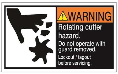 WARNING Rotating cutter hazard, Do not operate with guard removed, Follow lockout/tagout before servicing, ANSI Safety Label, Choose from 3 Sizes