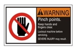 WARNING Pinch points, keep hands and fingers clear, Lockout machine before servicing, Severe  injury may result ANSI Equipment Labels, Choose from 3 Sizes