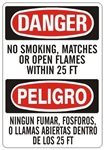 DANGER/PELIGRO NO SMOKING, MATCHES OR OPEN FLAMES WITHIN 25 FT, Bilingual Sign - Choose 10 X 14 - 14 X 20, Self Adhesive Vinyl, Plastic or Aluminum.