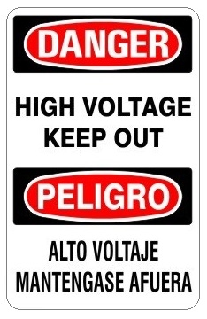 Bilingual DANGER/PELIGRO HIGH VOLTAGE KEEP OUT Sign - Choose 10 X 14 - 14 X 20, Self Adhesive Vinyl, Plastic or Aluminum.