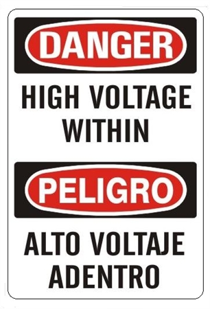 DANGER/PELIGRO HIGH VOLTAGE WITHIN, Bilingual Sign - Choose 10 X 14 - 14 X 20, Self Adhesive Vinyl, Plastic or Aluminum.
