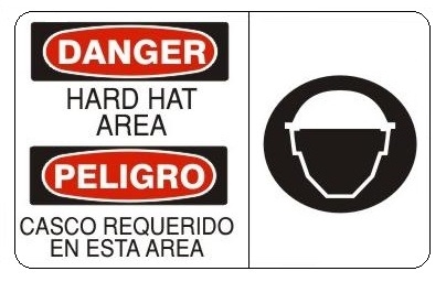 DANGER HARD HAT AREA (Symbol) Bilingual Sign - Choose 10 X 14 - 14 X 20, Self Adhesive Vinyl, Plastic or Aluminum.