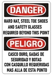 Bilingual Danger Hard Hat, Steel Toe Shoes and Safety Glasses Required Beyond This Point Sign - Choose 10 X 14 - 14 X 20, Self Adhesive Vinyl, Plastic or Aluminum.