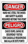 Bilingual Danger Hard Hat, Steel Toe Shoes and Safety Glasses Required Beyond This Point Sign - Choose 10 X 14 - 14 X 20, Self Adhesive Vinyl, Plastic or Aluminum.