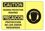 CAUTION / PRECAUCION HEARING PROTECTION REQUIRED Bilingual Sign - Choose 10 X 14 - 14 X 20, Self Adhesive Vinyl, Plastic or Aluminum.