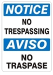 NOTICE/AVISO NO TRESPASSING Bilingual Sign - Choose 10 X 14 - 14 X 20, Self Adhesive Vinyl, Plastic or Aluminum.