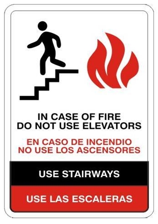 Bilingual, In Case Of Fire, Do Not Use Elevators For Exit, Use Stairs, Sign - Choose 10 X 14 - 14 X 20, Self Adhesive Vinyl, Plastic or Aluminum.