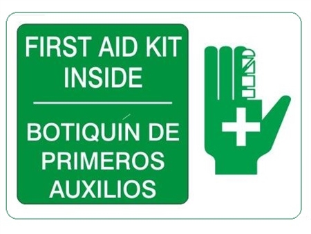 Bilingual, FIRST AID KIT INSIDE (w/graphic) Sign - Choose 10 X 14 - 14 X 20, Self Adhesive Vinyl, Plastic or Aluminum.