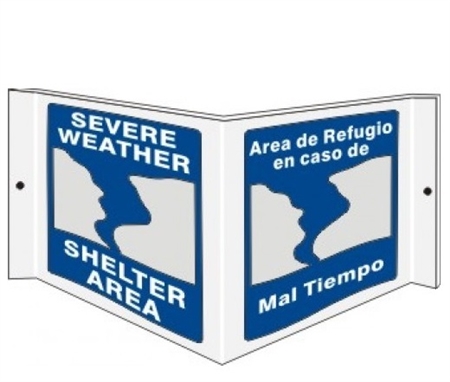 Bilingual SEVERE WEATHER SHELTER AREA 3-Way Wall Projection Sign, Unique 180° design visible from either side as well as from the front