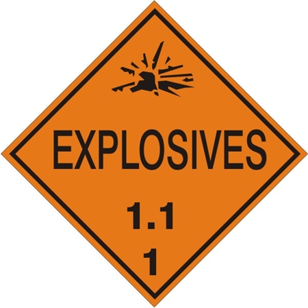 DOT PLACARD - EXPLOSIVES, 1.1  - CLASS 1, Choose from 4 Materials: Press on Vinyl, Rigid Plastic, Aluminum or Magnetic.