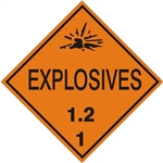 EXPLOSIVES, 1.2  - CLASS 1, DOT PLACARD -  Choose from 4 Materials: Press on Vinyl, Rigid Plastic, Aluminum or Magnetic.