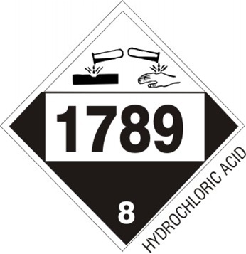 DOT PLACARD 1789 HYDROCHLORIC ACID, Corrosive, Class 8 - Choose from 4 Materials: Press On Vinyl, Rigid Plastic, Aluminum or Magnetic