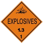 EXPLOSIVES, 1.3  - CLASS 1, DOT PLACARD -  Choose from 4 Materials: Press on Vinyl, Rigid Plastic, Aluminum or Magnetic.