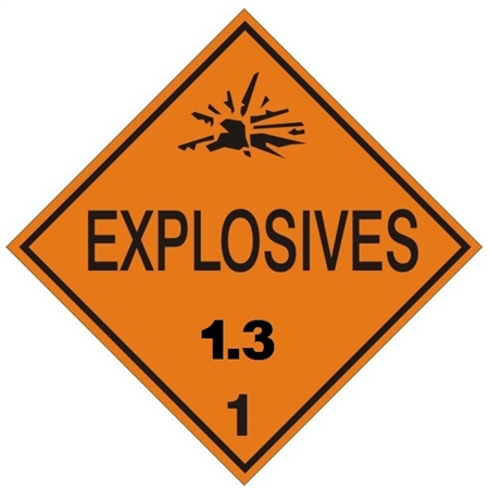 EXPLOSIVES, 1.3  - CLASS 1, DOT PLACARD -  Choose from 4 Materials: Press on Vinyl, Rigid Plastic, Aluminum or Magnetic.