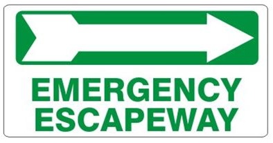 EMERGENCY ESCAPEWAY arrow right Sign - Available 6.5 X 14 Self Adhesive Vinyl, Plastic and Aluminum.