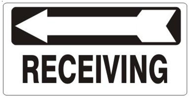 RECEIVING Arrow Left, Sign - Available 6.5 X 14 Self Adhesive Vinyl, Plastic and Aluminum.
