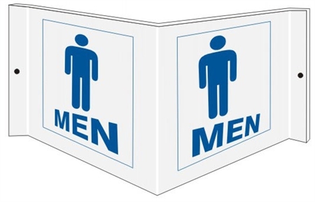 Wall Projection MEN RESTROOM 3 way Sign, Unique 180° design visible from either side as well as from the front