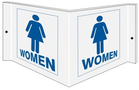 Wall Projection WOMEN RESTROOM 3 way Sign, Unique 180° design visible from either side as well as from the front