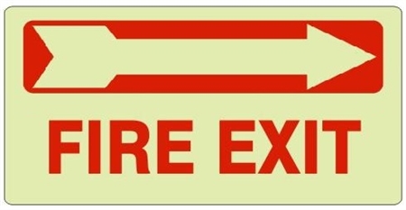 Glow in the Dark FIRE EXIT (Arrow Right) Sign - Available 6.5 X 14 Self Adhesive Vinyl, Plastic and Aluminum.
