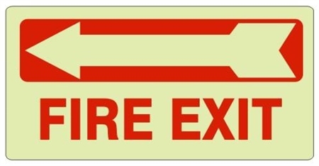 FIRE EXIT arrow left Glow in the Dark Sign - Available 6.5 X 14 Self Adhesive Vinyl, Plastic and Aluminum.