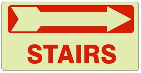 STAIRS arrow right Glow in the Dark Signs - Available 6.5 X 14 Self Adhesive Vinyl, Plastic and Aluminum.