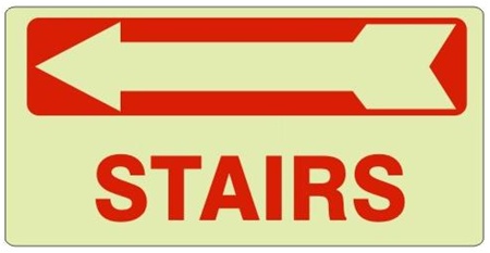 STAIRS arrow left Glow in the Dark Sign - Available 6.5 X 14 Self Adhesive Vinyl, Plastic and Aluminum.