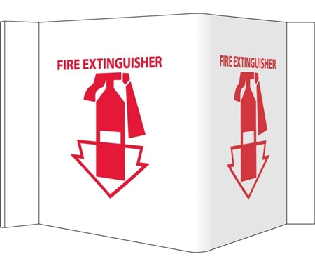 3-Way Fire Extinguisher Signs, Unique 180° construction design that stands out, visible from 180 degrees, Choose from 2 sizes, 6" X 9" or 8" X 15"