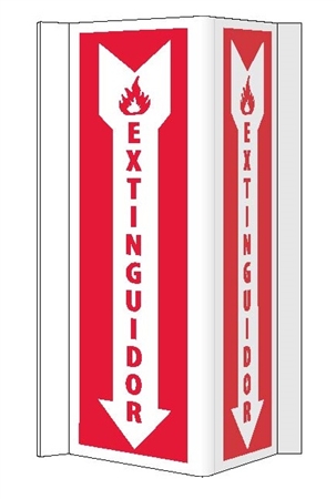 3-Way Spanish Fire Extinguisher Sign - 16 X 8-3/4 Unique 180° construction design that stands out, visible from 180 degrees