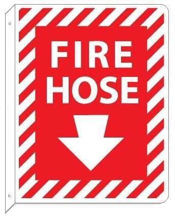 2-Way, Fire Hose Double Sided Arrow Down Flange Signs - 12 X 9 Unique 90° construction design that stands out, visible from either side