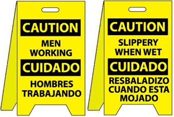 Caution Bilingual Men Working/Slippery When Wet - Reversible Two Sided Flood Stands