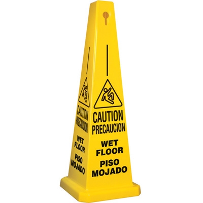 Lamba® 25 Inch 4-Sided Yellow Caution Bilingual Wet Floor Quad Safety Cone