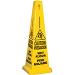 Lamba® 35 Inch 4-Sided Yellow Caution Slipping Symbol Bilingual Wet Floor Quad Safety Cone
