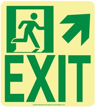 Up and Right Wall Mounted EXIT Glow Sign - 9 X 8 - Flexible pressure sensitive polyester or Rigid plastic