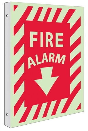 Glow-in-the-Dark FIRE ALARM Sign - 2-Way 90° design visible from either side.