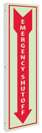 Glow-in-the-Dark EMERGENCY SHUT-OFF Sign - 2-Way 90° double sided design visible from either side.